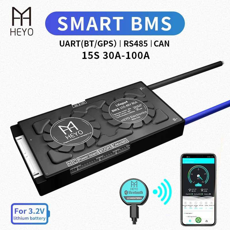 HEYO Smart BMS LiFePO4 Lipo LFP 15S 48V 30A 40A 60A 80A 100A Bluetooth BT GPS UART RS485 CANbus устройство NTC батарея e