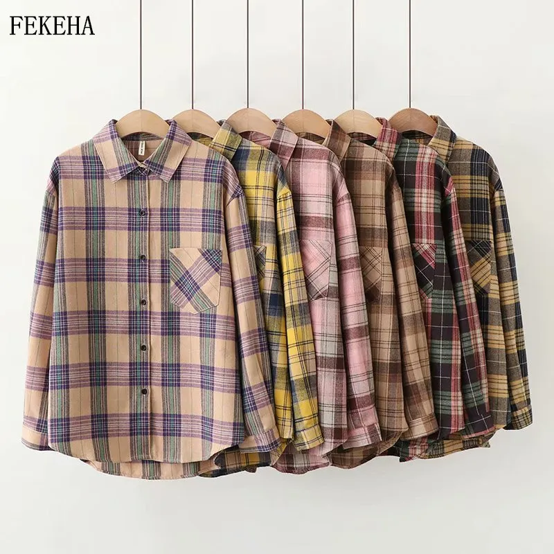 Plaid Shirts Blouses Oversized Women Top Long-Sleeve Blusas Loose Casual Cotton Ladies