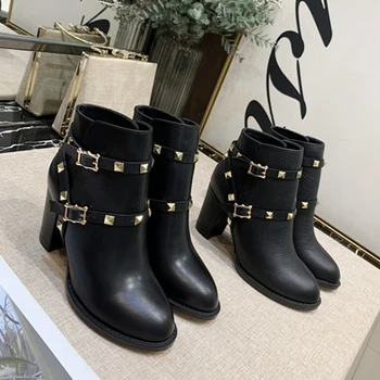 

Sharp Golden Rivets Women Ankle Boots Genuine Leather Chunky HIgh Heels Women Martin Boots Buckle Decor Women Autumn Winter Boot