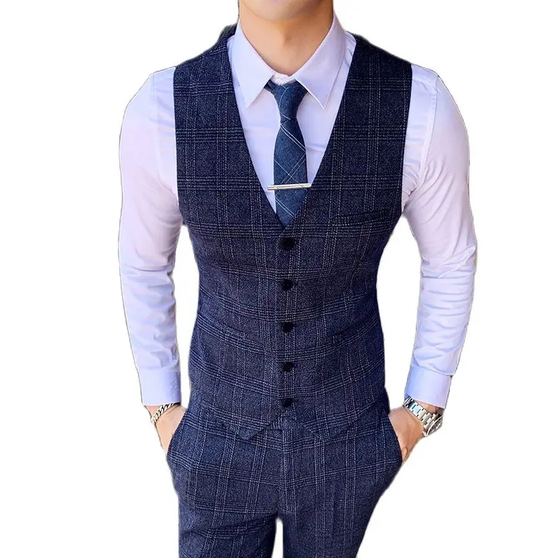 Gray mens plaid suit pants and vest set, business, wedding, party
