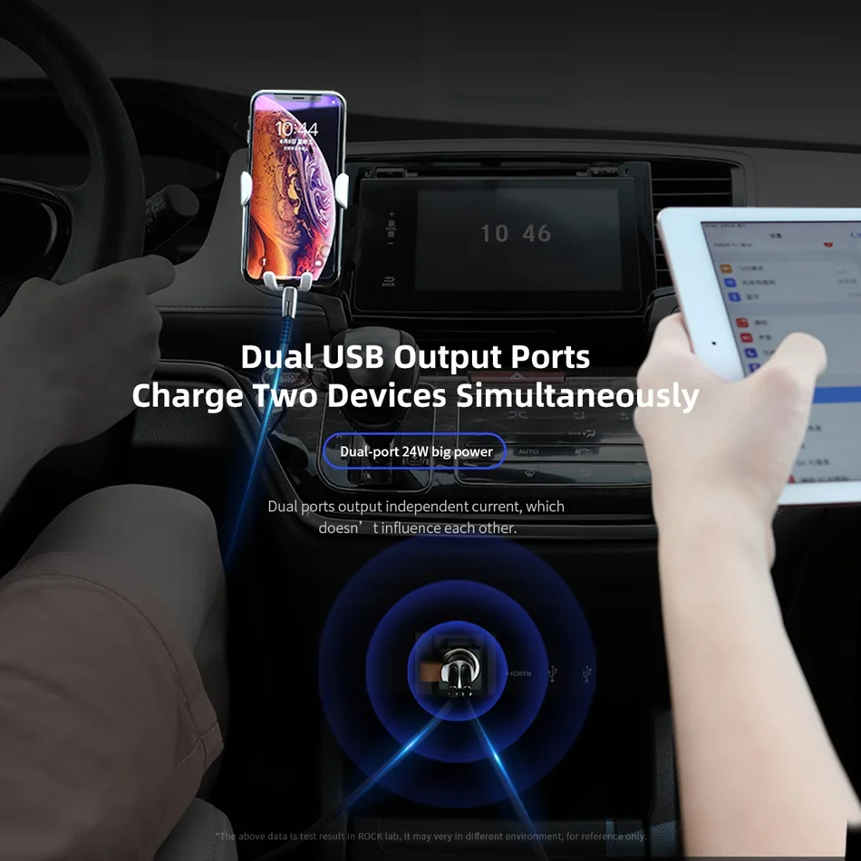 Автомобильное зарядное устройство ROCK 24 Вт Mini 2 USB для iPhone Xiaomi с двумя портами, автомобильное зарядное устройство USB 2.4A, быстрая зарядка для мобильных телефонов