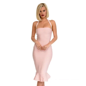 

LEGER BABE Pink Bandage Dress Halter Strapless Summer Women Sexy Bodycon Celebrity Party Dresses Sleeveless Clubwear Femme