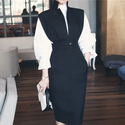 Women Korean Office Work Business Dress Ladies V-neck Sleeveless Package Hip Lady Vestidos | Женская одежда