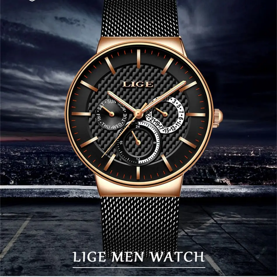 

LIGE 9836 Luxury Mens Business Quartz Watch Casual Slim Steel Mesh Band Waterproof Sport Men's Wristwatches Clock Montre Homme
