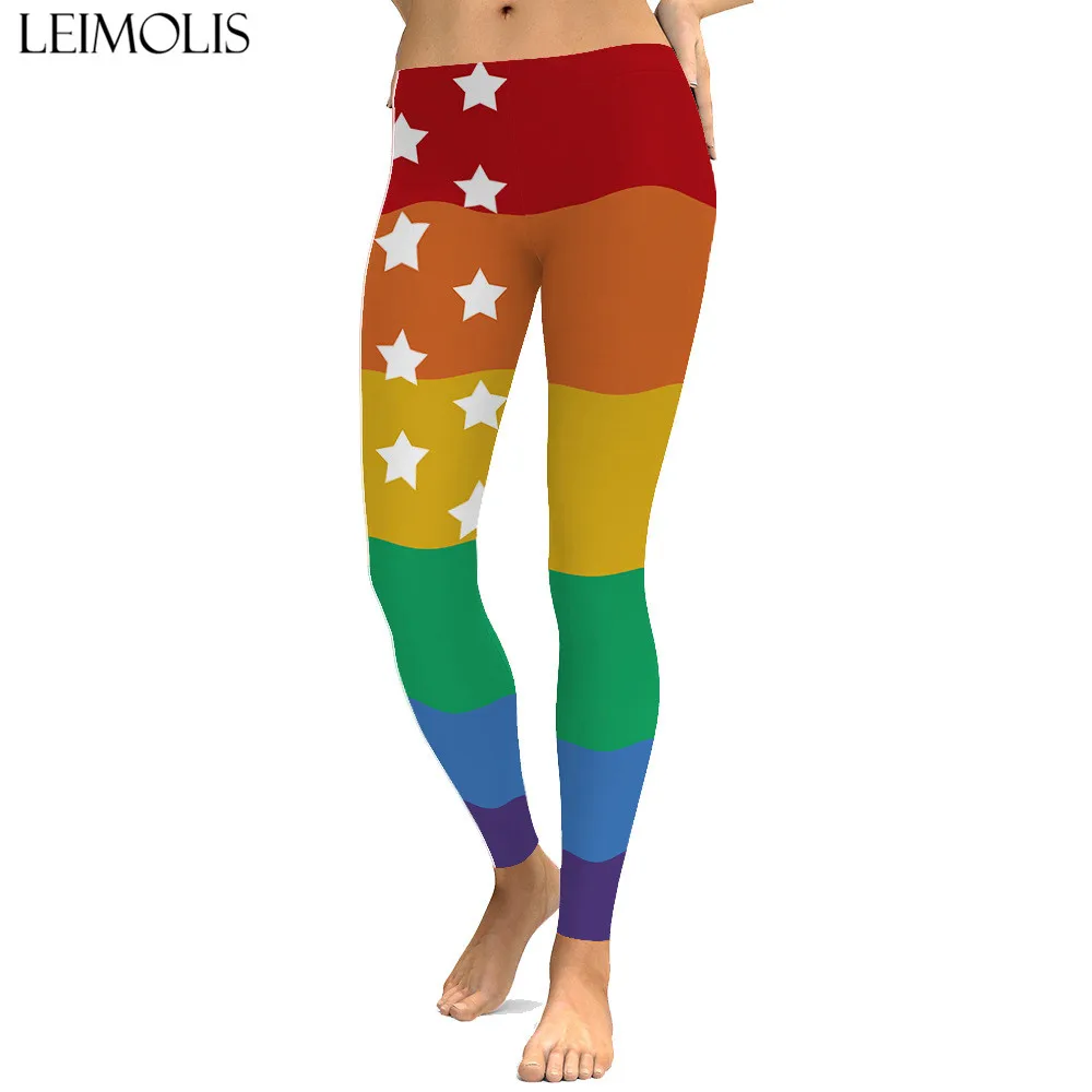 

LEIMOLIS sexy Rainbow Striped Stars print push up leggings plus size women fitness workout punk high waist spandex leggins