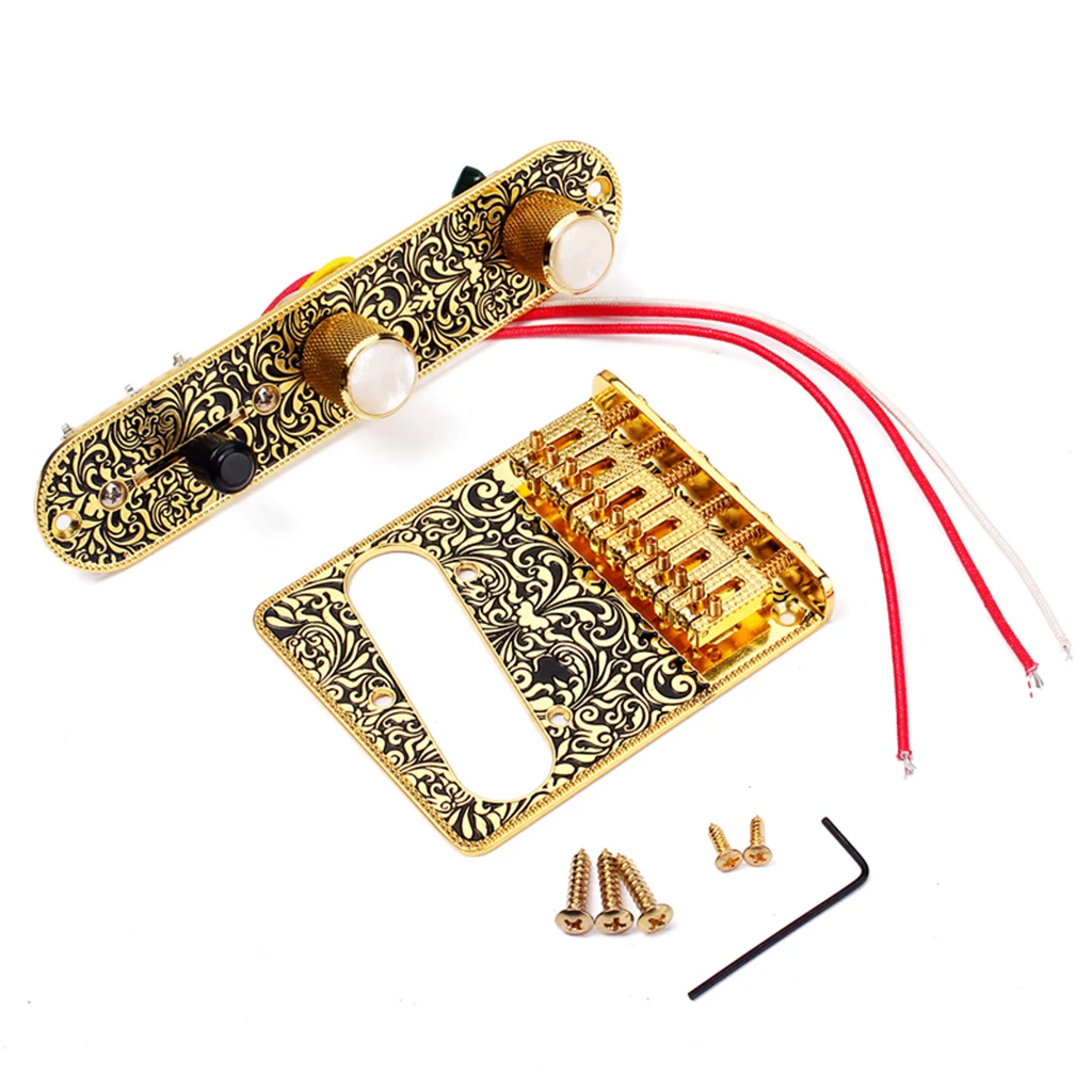 6 Saddle Top Loader Bridge with Control Plate, Screws, Wrench for Telecaster Guitar, Golden