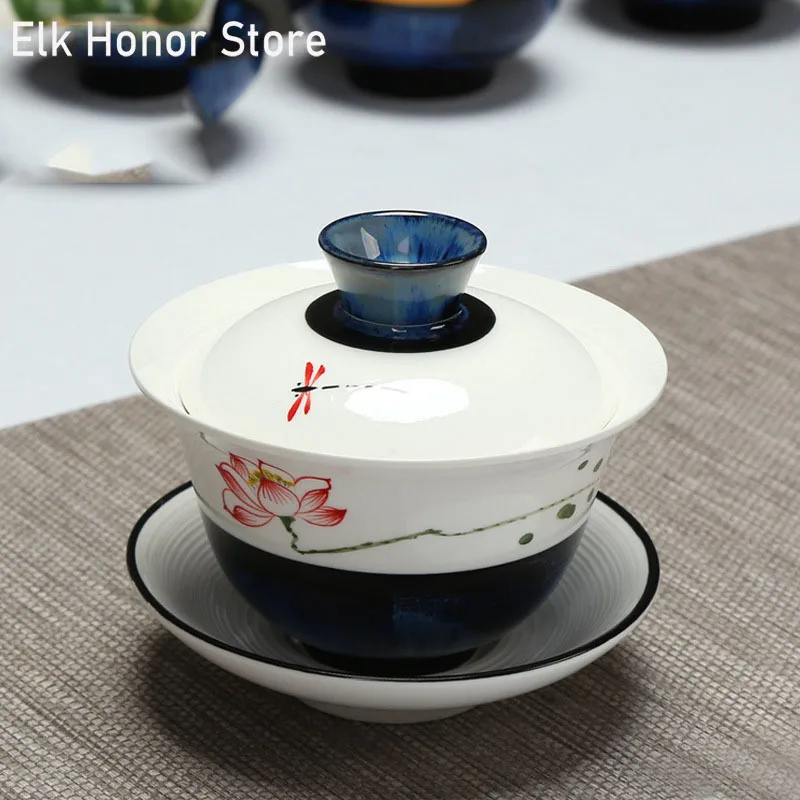 140ml Handpainted Lotus Ceramic Gaiwan Chinese Teaset Tea Bowl Tureen