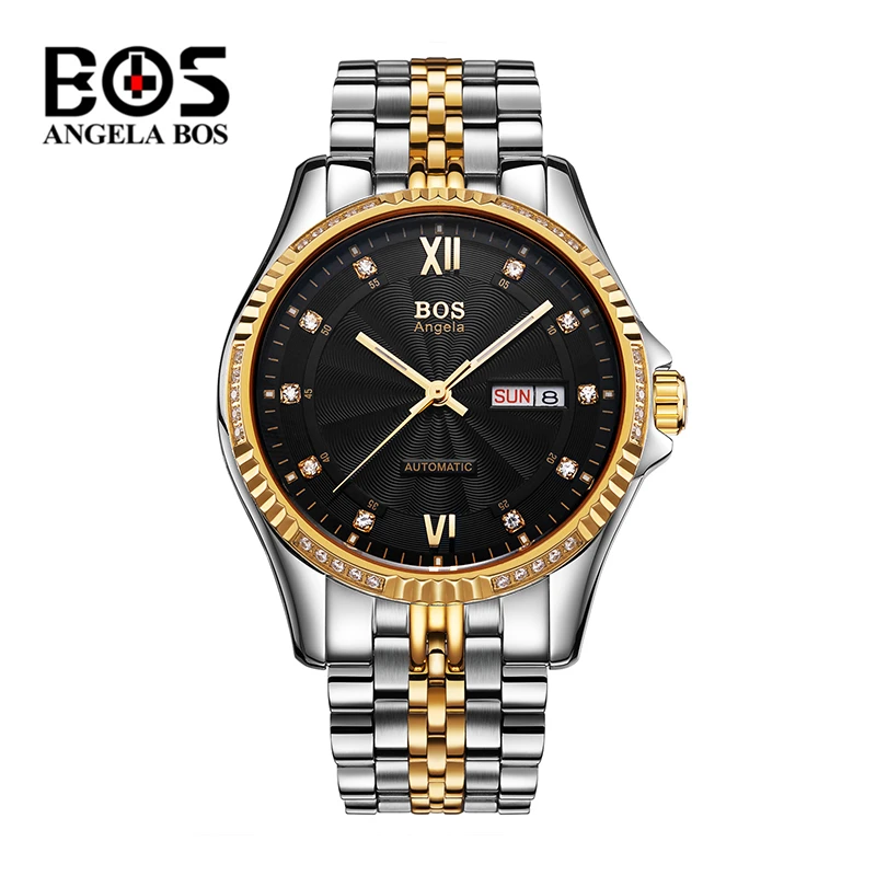 

Relogio Masculino ANGELA BOS Brand Luxury Automatic Watch Men Waterproof Gold Silver Diamond Mechanical Wrist Watch Montre Homme