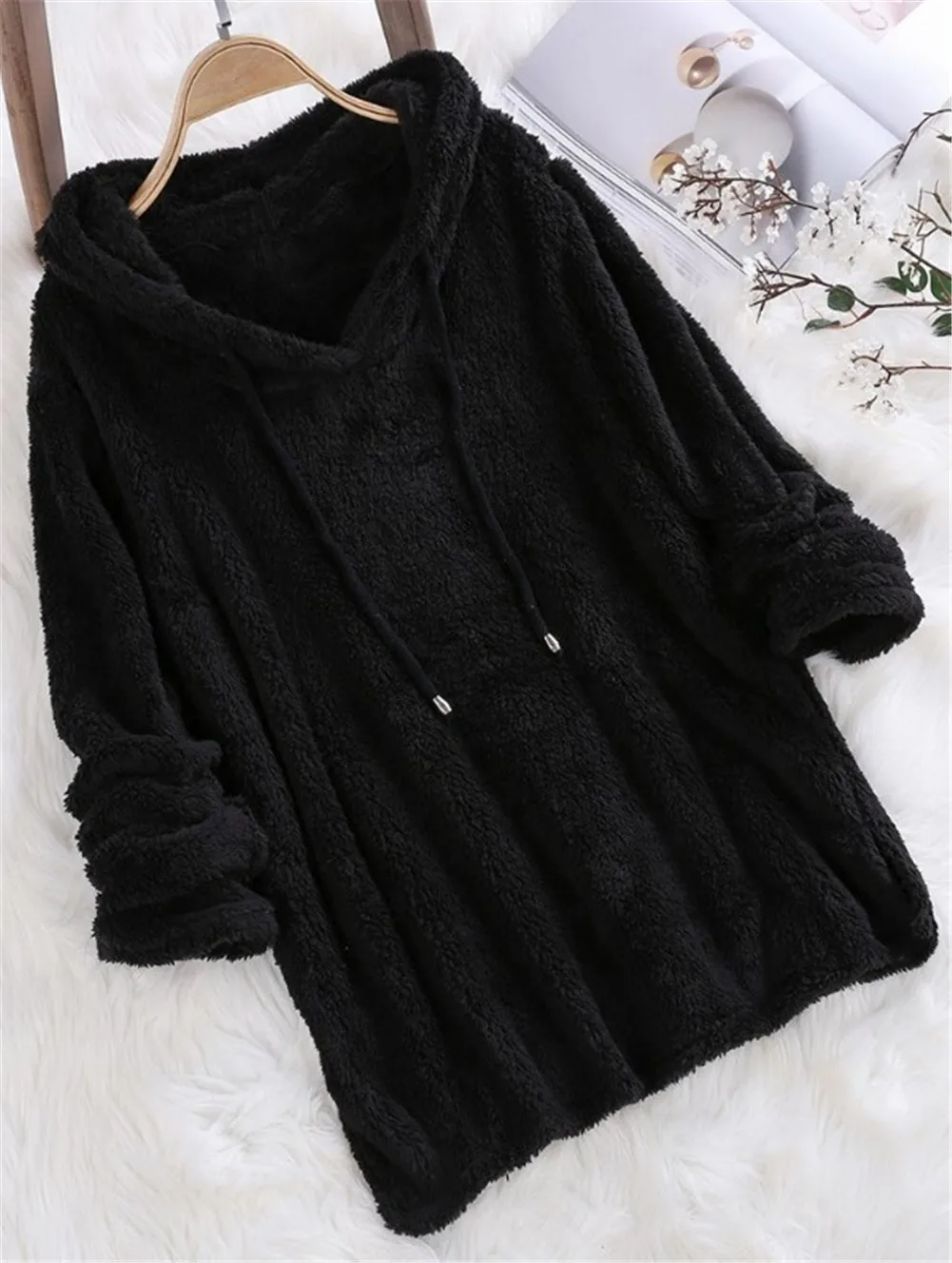 Женская толстовка, одноцветная, на осень и зиму, с длинным рукавом, с капюшоном, пуловер, для женщин, с длинным рукавом, кофты, Топ - Цвет: Черный