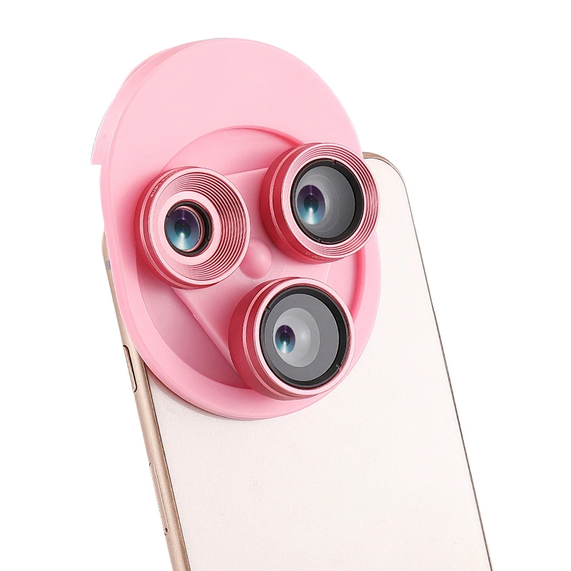 Универсальный Широкий угол рыбий глаз интегрированный поворотный стол мобильный телефон внешний объектив HD камера заднего вида телескоп три в одном для iphone - Цвет: pink