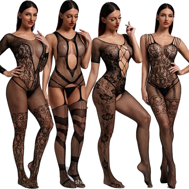 Sexy Bodysuits lingerie Teddies Women Erotic lingerie Open crotch Elasticity Fishnet Mesh Full body stockings porno sexy costume