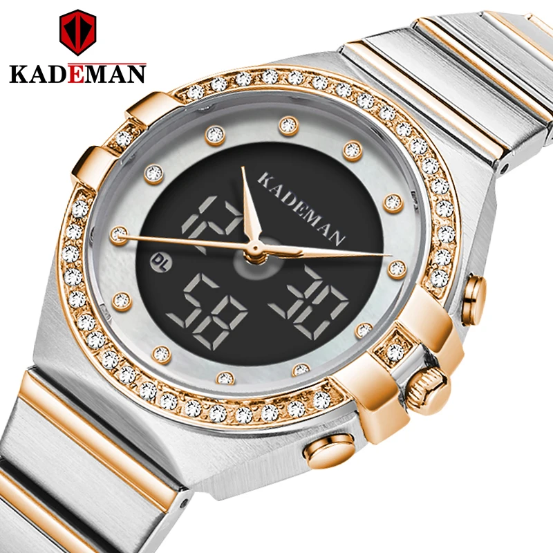 

KADEMAN Women Watches Luxury Brand LED Dual Display Digital Quartz Rose Gold Silver Watch Women Quartz Ladies Stainless Steel