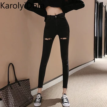 

Fashion 2020 spring new retro personality hole high waist jeans Korean version of the wild stretch was thin nine pants