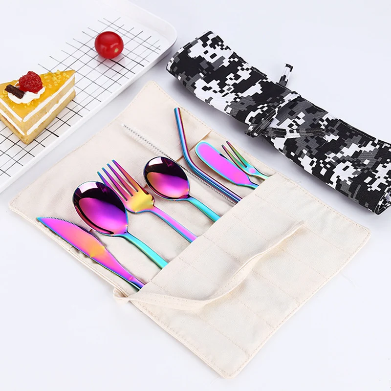 

9pcs/set Dinnerware Stainless Steel Cutlery Spoon Straw Set Travel Dinner Knife Western Kitchen Home Party Tableware Set Pouch