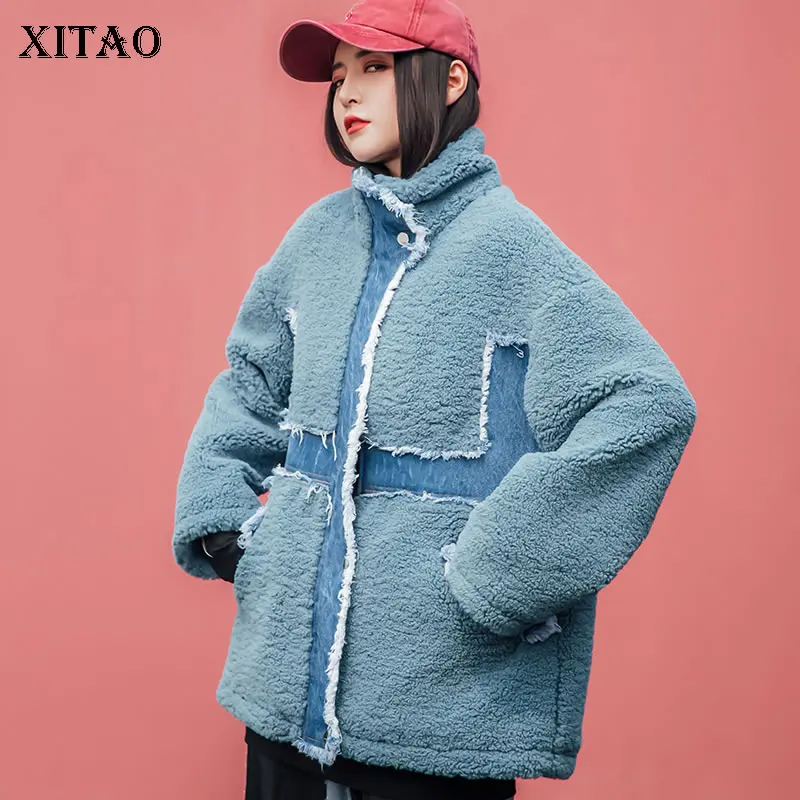 XITAO размера плюс пэтчворк хит цвет куртка Толстая свободная повседневная женская одежда модное пальто с отложным воротником Топ ZLL4551