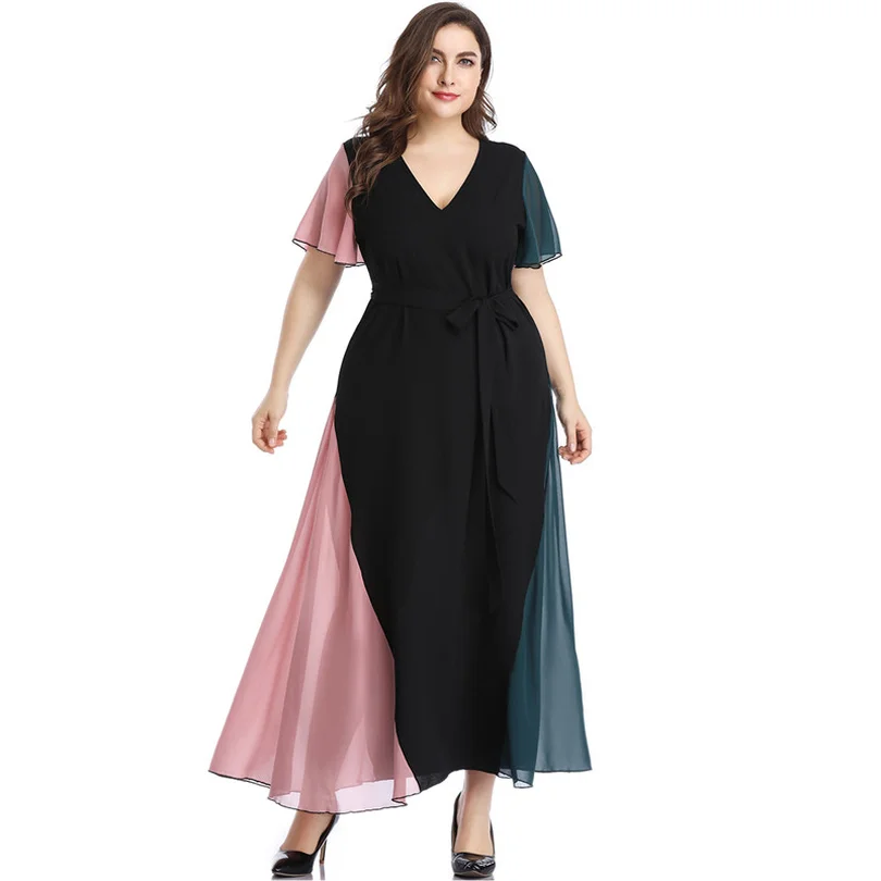 

Summer Dress Beach 2019 Women V Neck Ruffles Short Sleeve Maxi Long Dress Plus Size Belted Multicolor Elegant Chiffon Dresses