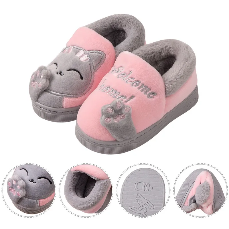 LOOZYKIT/теплая Домашняя обувь с милыми котами; тапочки для малышей; детская зимняя плюшевая обувь для мальчиков и девочек; Тапочки для ванной; домашняя обувь