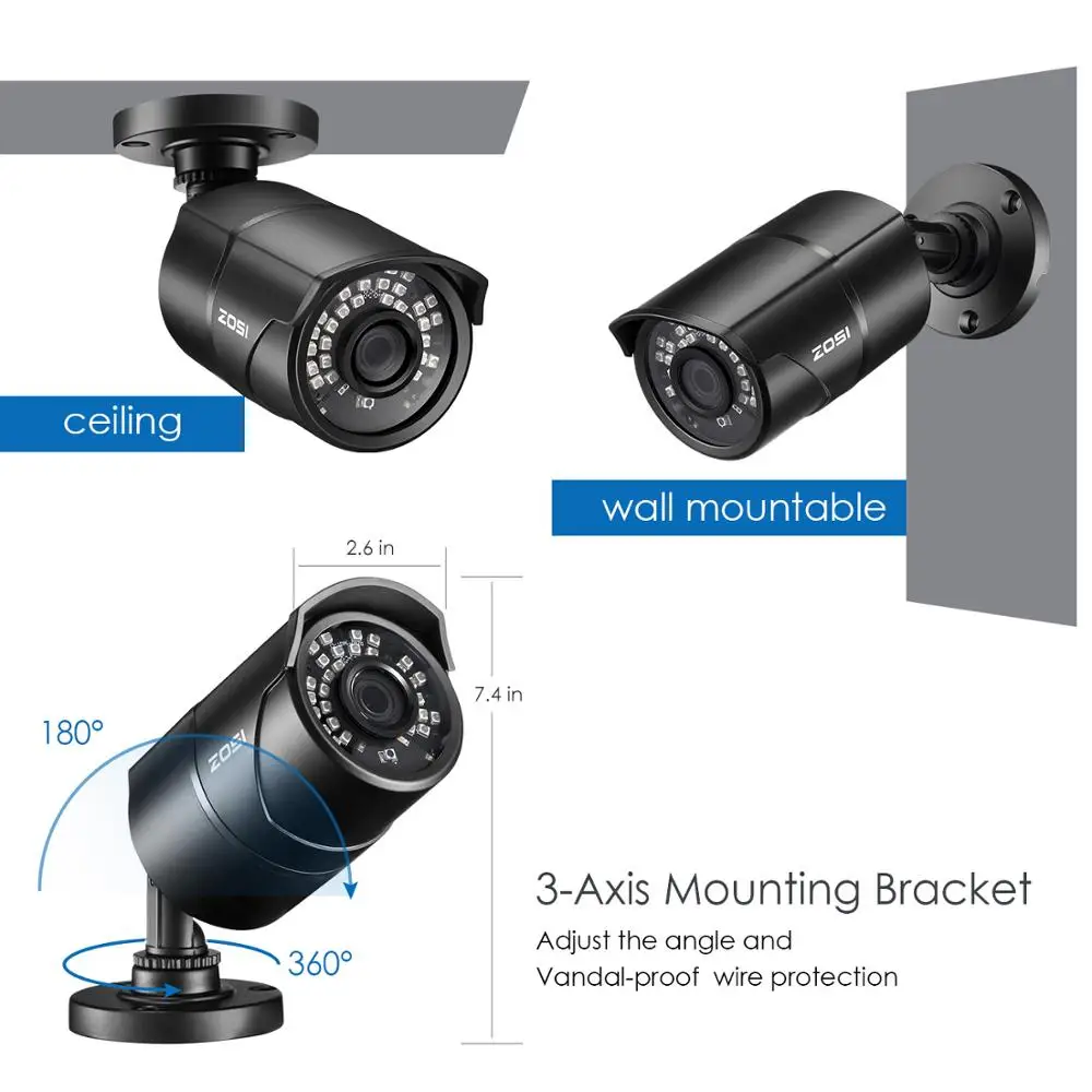 ZOSI 1080P 4-в-1 CVBS AHD CVI 1/3 2MP CCTV домашнего видеонаблюдения Всепогодный 3,6 мм объектив с фильтр, отсекающий ИК-область спектра, Пуля безопасности Камера