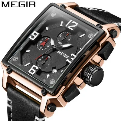 

Mei gainer/megir New Products MEN'S Quartz Watch Retro Square Multi-functional Three-Eyed Six-pin Leather Belt Watch