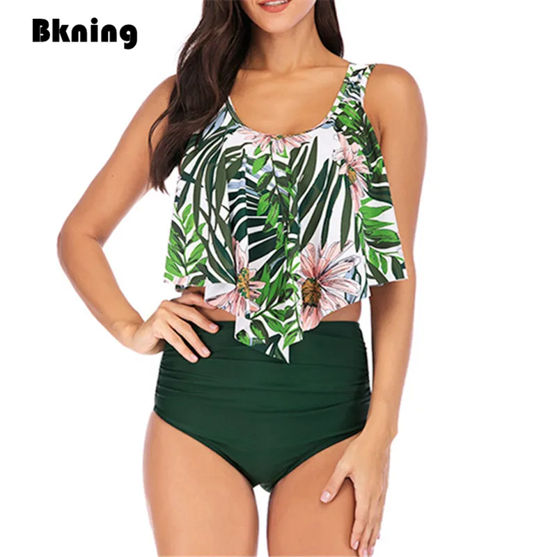 

2019 New Bikinis Women Ruffle Swimsuit High Waist Bathing Suits for Woman Bikini Sets with Flower Green Print Strappy Large Size
