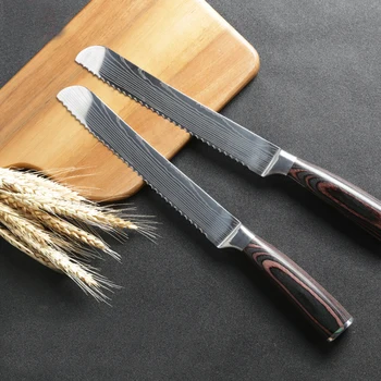 

8 inch Bread Knife Chef Slicing Knives Laser Damascus Stainless Steel Kitchen Tool Full Serrated Blade Bread Cheese Cake Cleaver