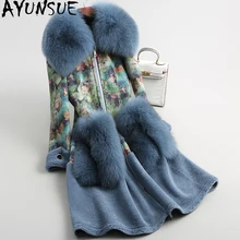 AYUNSUE/пальто из овечьей шерсти с натуральным мехом; зимняя куртка для женщин с воротником из натурального Лисьего меха; шерстяные пальто с принтом; замшевая подкладка; Manteau Femme; MY4202