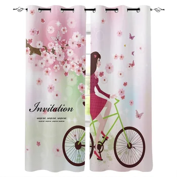 

Girl Bicycle Flower Pink Spring Window Curtains Living Room Kitchen Curtains for Bedroom Left and Right Biparting Open Curtains