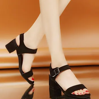 

Summer Shoes Women Block Heels Ankle Stap Sandals Leisure Office Lady Mid Heel Flock Shoes Woman Sandalias 2020 Black Gray Beige