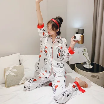 

Cartoon thumb ice silk pajamas women's summer long-sleeved thin silk simple fashion two-piece suit ladies summer home service