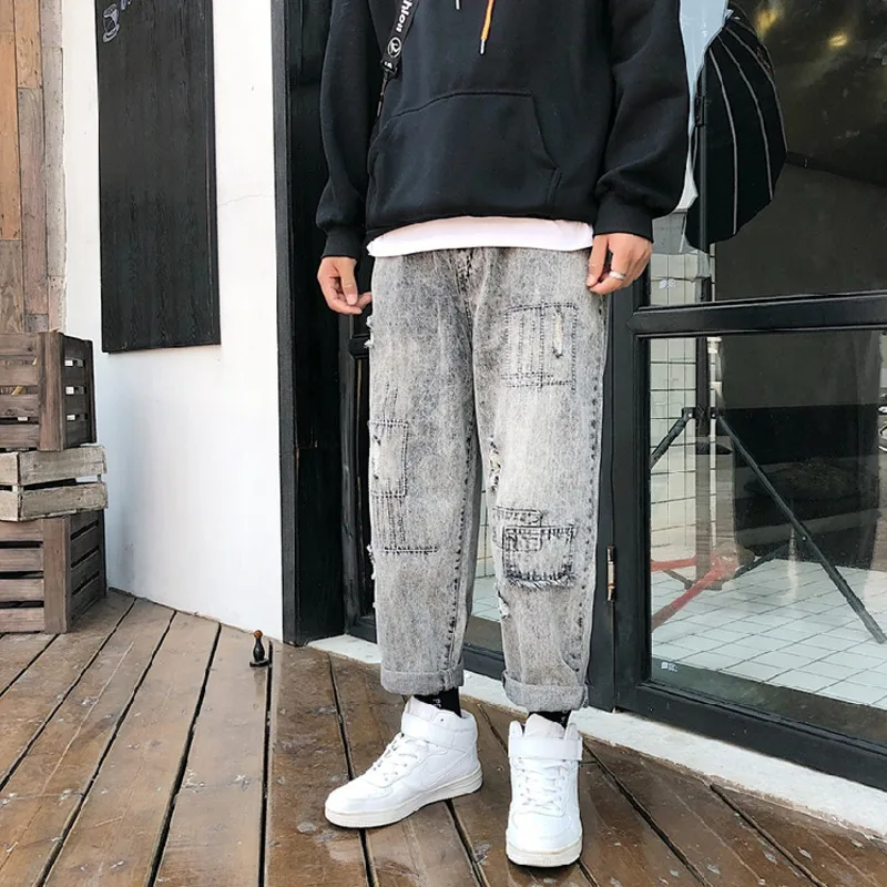 

Jeans Men Fashion Print Washed Casual Hole Patches Denim Pants Men Streetwear Hip Hop Loose Straight Jean Trousers Male Clothes