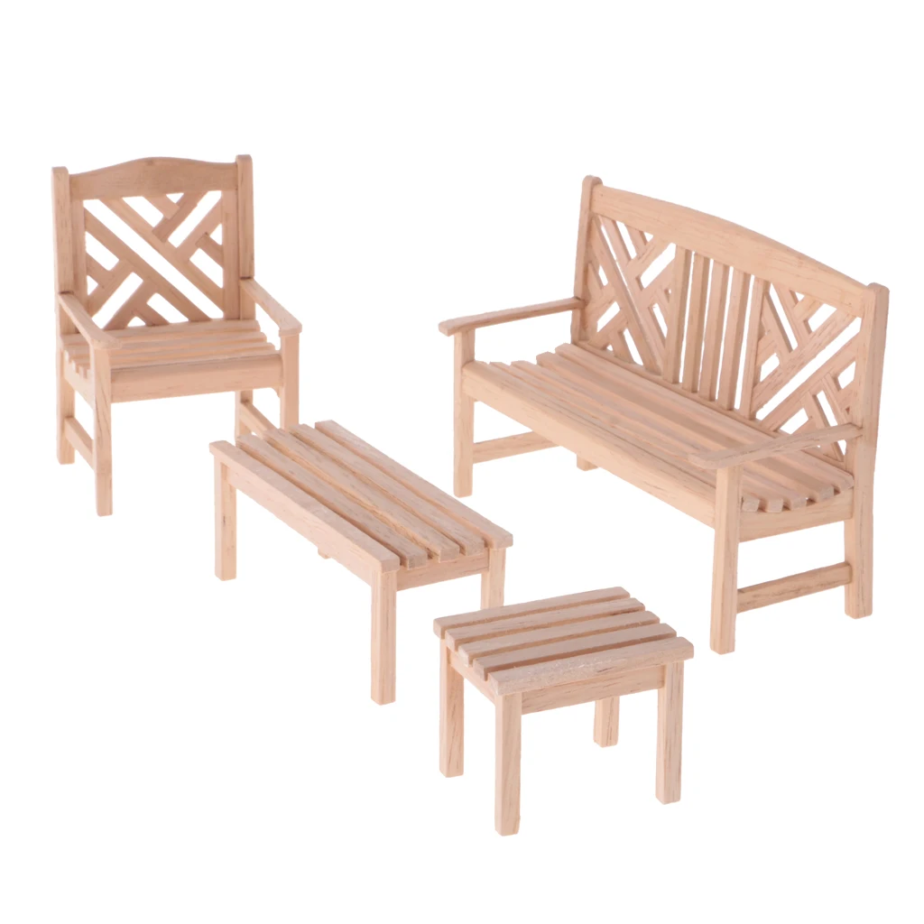 4 Pcs 1:12 Wooden Garden Furniture for Dollhouse Miniature Decor No Paint
