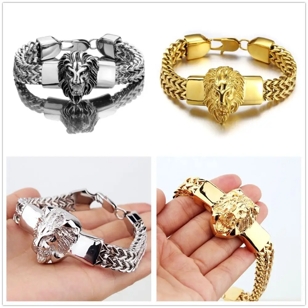 Модный браслет из нержавеющей стали в стиле панк с головой льва из серебра и золота, мужской браслет на цепочке, Рождественский подарок 8,66"
