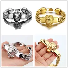 Модный браслет из нержавеющей стали в стиле панк с головой льва из серебра и золота, мужской браслет на цепочке, Рождественский подарок 8,66"