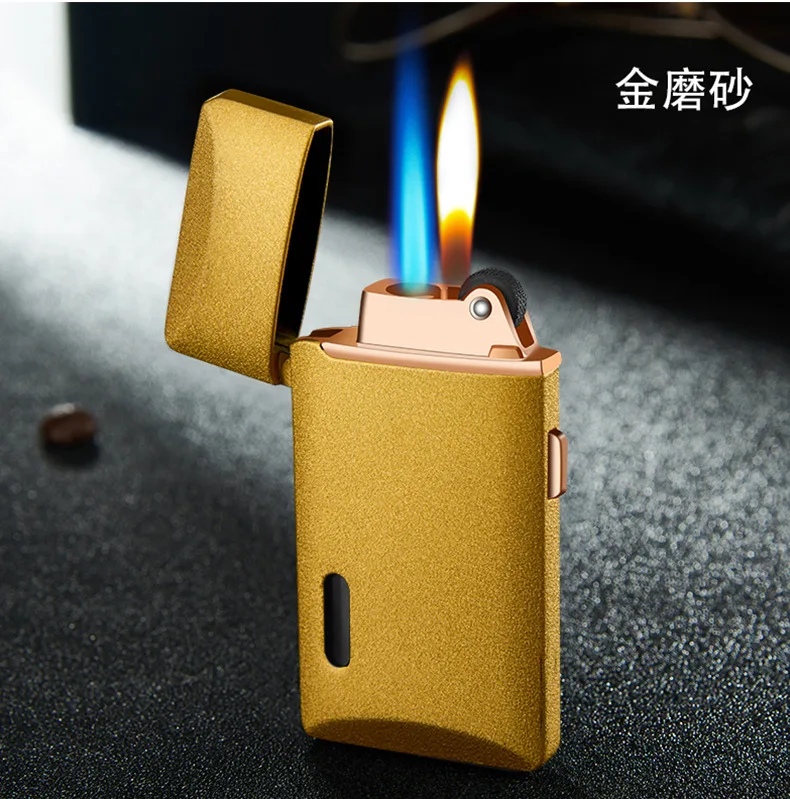 Matte Gold Двухпламенная газовая зажигалка, шлифовальный фонарь, турбо кремень, зажигалка, свободный огонь, Бутан, металл, ветрозащитная сигарета, сигарета, зажигалка, надутая - Цвет: Matte Gold