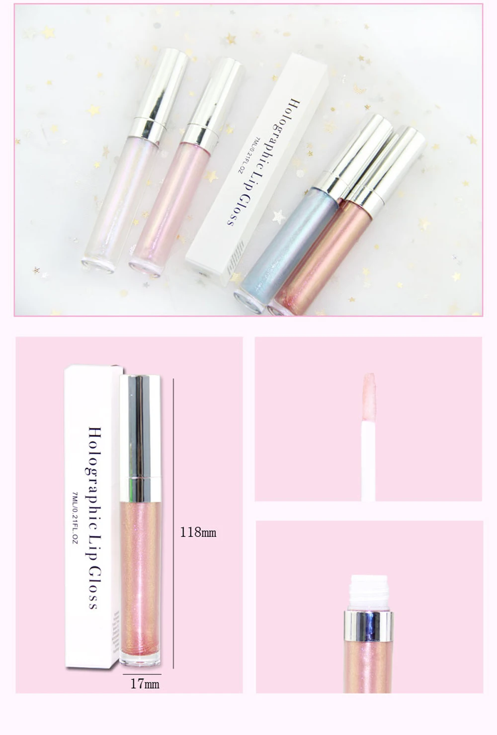 OEM Private Label 4Colors Light Pink Liquid Lipstick Vegan Clear Starry Holographic Lip Gloss Bulk Wholesale Korean Lip Makeup