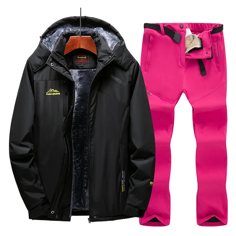 Женский лыжный костюм, теплая ветрозащитная непромокаемая флисовая куртка+ штаны, женский зимний костюм для улицы, лыжная куртка для сноуборда - Цвет: Black    Rose red