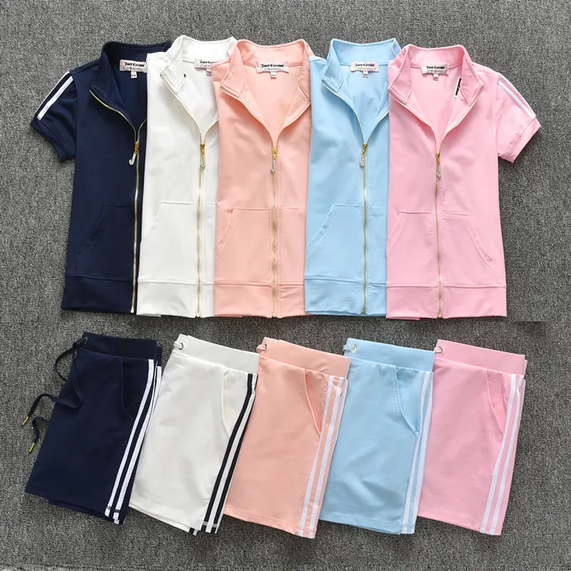 

Short Sleeve Zipper Hooded Elastic Sexy Crop Tops Shorts 2-pieces Summer Women Fashion Casual Sports Sets