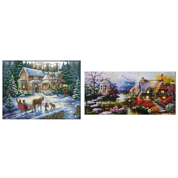 

Embroidery Kit Precise Printed Garden Cottage Design Cross-Needle 64 x 37cm & Line Christmas Landscape Pattern