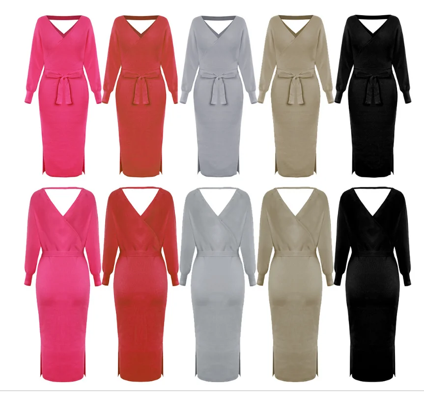

2019 occident New autumn and winter sell well Fashion solid color V neck sweater knitted dress