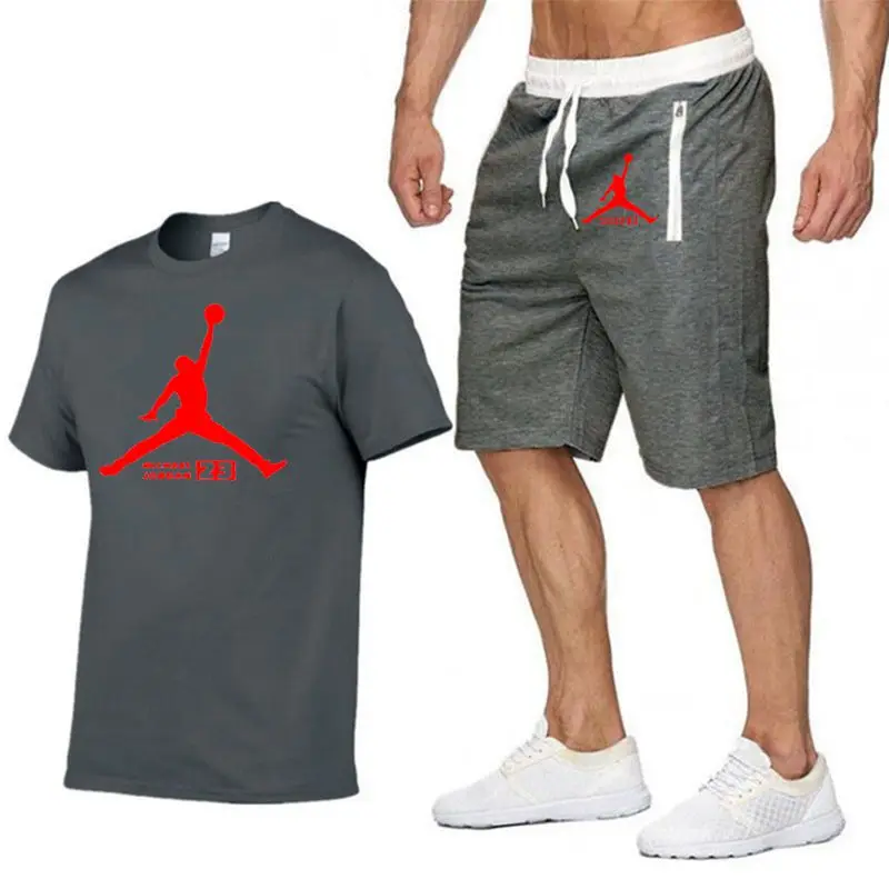 JORDAN 23 спортивный костюм с принтом футболка+ шорты модные тенденции в Фитнес хлопок брендовые футболки для мужчин бодибилдинг одежда M-XXL - Цвет: Dark grey