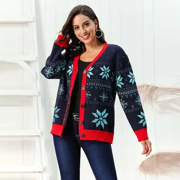 

Women Christmas Sweater Coats Autumn Winter New Fashion V-Neck Long Sleeve Cardigan Snowflake Sweater Outwear