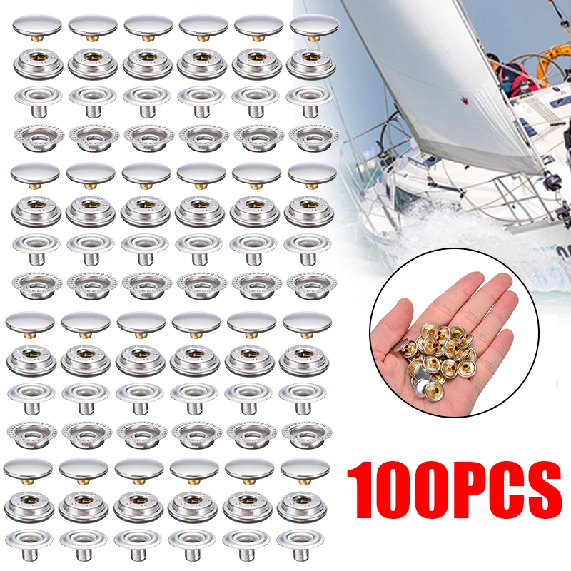 100pcs Stainless Steel Snap Fastener Press Stud Cap Button Marine Boat