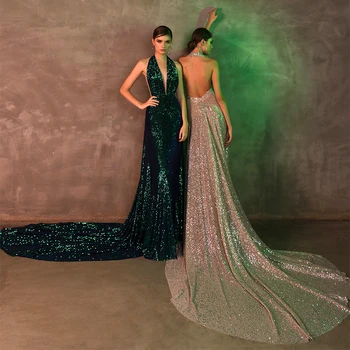 

Sexy Halter Deep V Neck Backless Sequin Prom Dress with Long Train