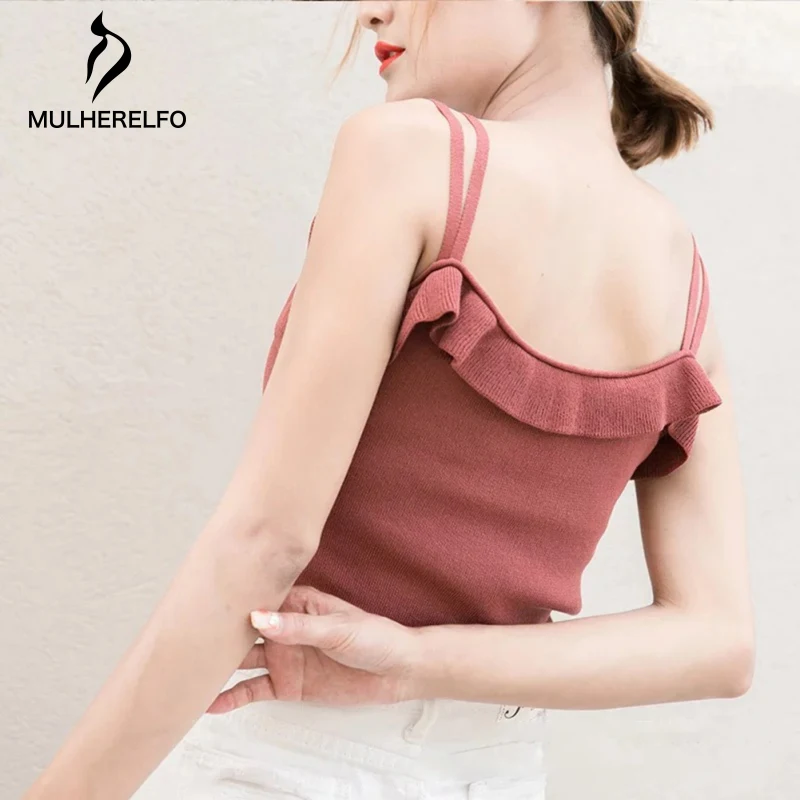 Женские топы лето, сексуальный модный топ на бретелях для женщин, новинка, Женский вязаный Топ с круглым вырезом, черный и белый цвета, тонкий топ с оборками, волнистый, Одноцветный Топ