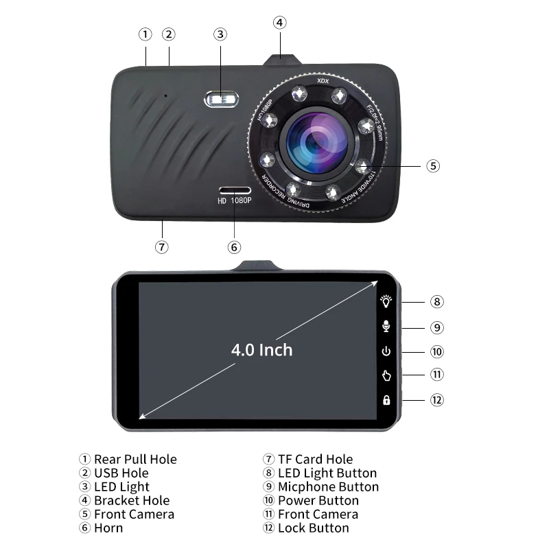 Автомобильный видеорегистратор 4 дюйма с сенсорным экраном FHD 1080P двумя