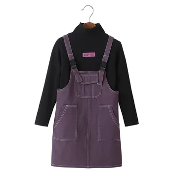 

Girls' Set Denim Suspender Skirt 2020 New Style for Autumn and Winter Long-Sleeved Children's Suit Children's Two-Piece Set