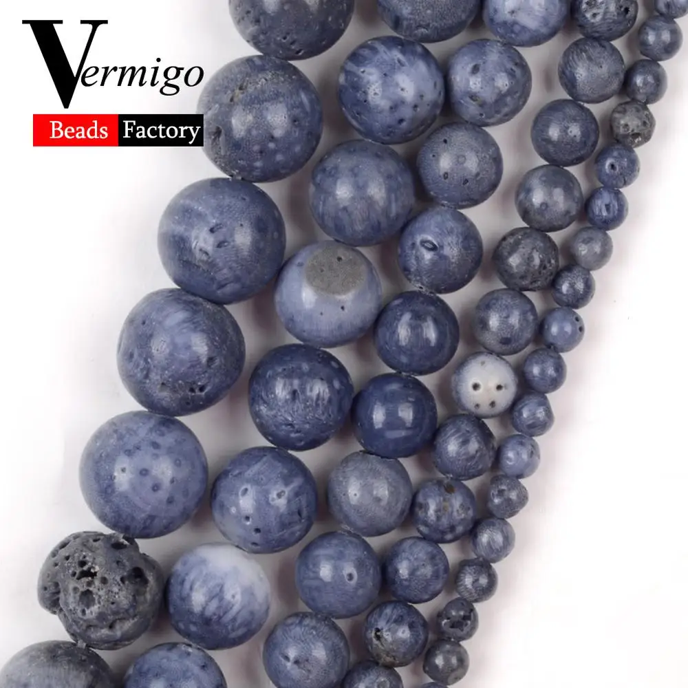Natural Blue Coral Stone Round Loose Beads For Jewelry Making 4/6/8/10