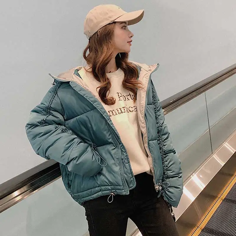 

2019 autumn down jacket female Korean winter short loose student hooded cotton bread bread solid color large size woman coat
