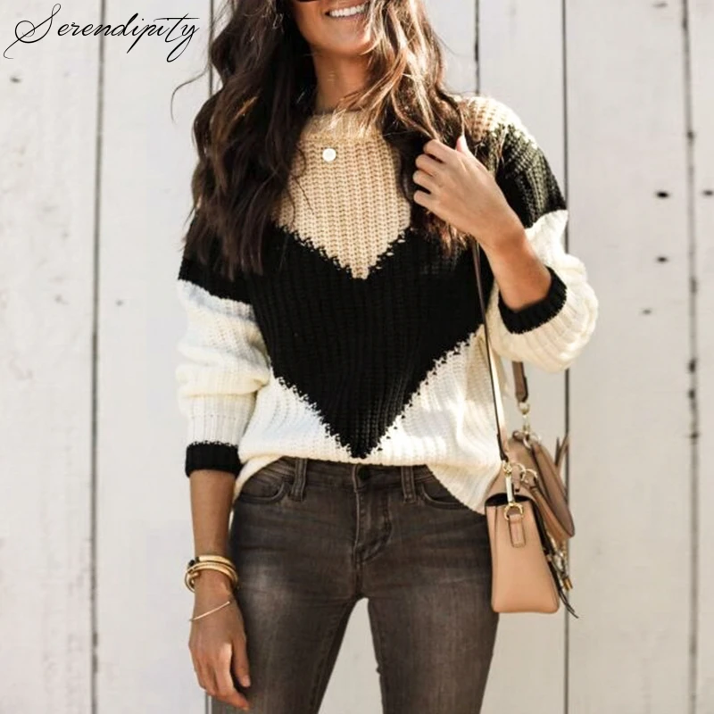 

SRDP Stripe Patchwork Knitted Sweater Women Jumper Harajuku Female Casual Loose Winter 2019 Sweaters Pullovers
