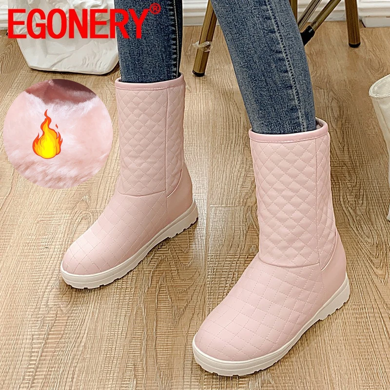 

EGONERY winter new sweet warm snow boots outside comfortable mid heels platform round toe plus size women shoes drop shipping